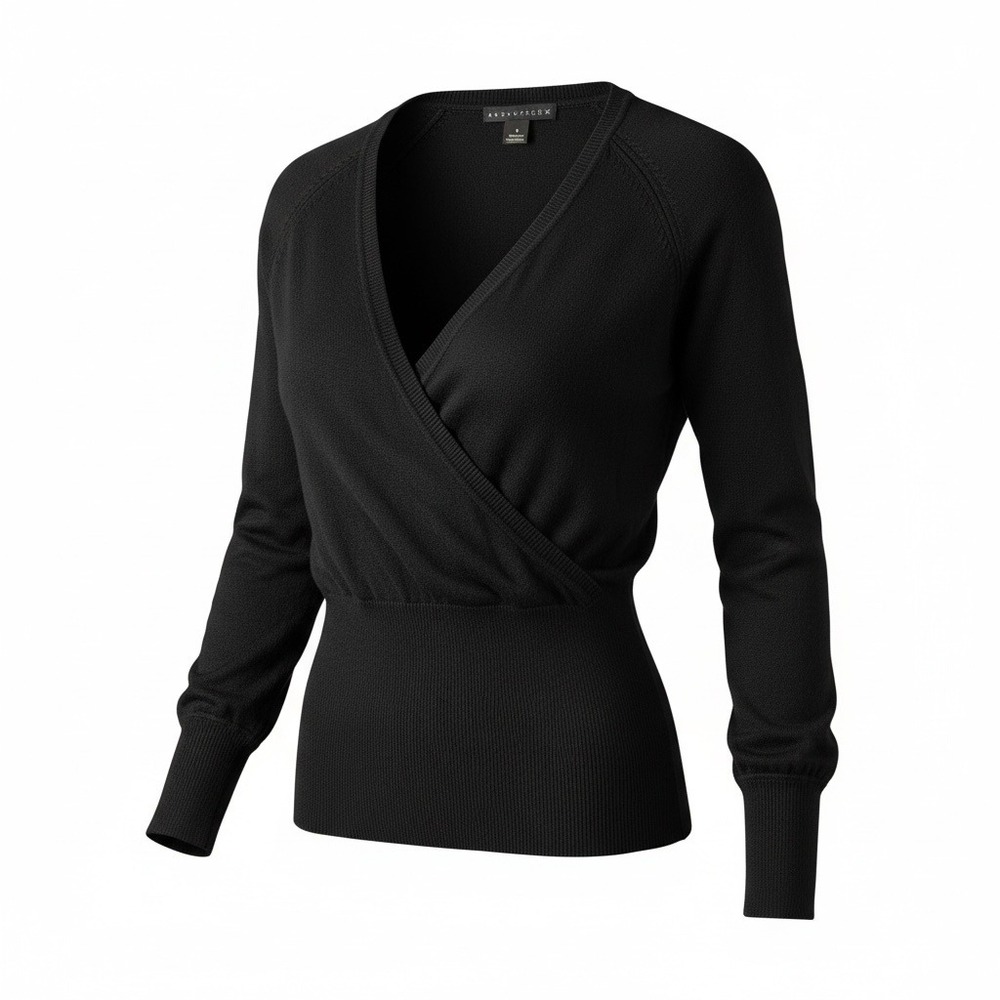 Apostrophe Black Wrap Front V Neck Knit Top Long Sleeve Stretch Medium‎ Office